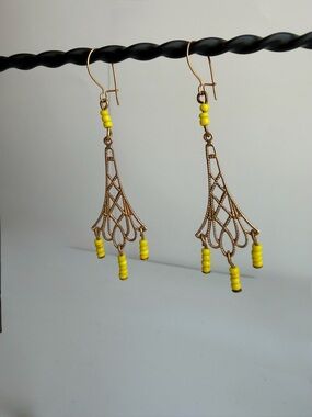 Yellow Beaded Filigree Drop Earrings - Unbranded